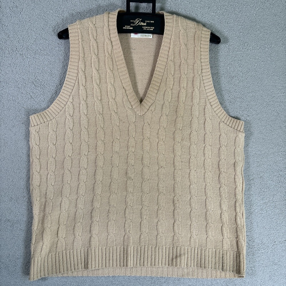 Vintage Kings Road Sears Mens Tan Cable Knit V-Neck Sweater Vest Orlon Large